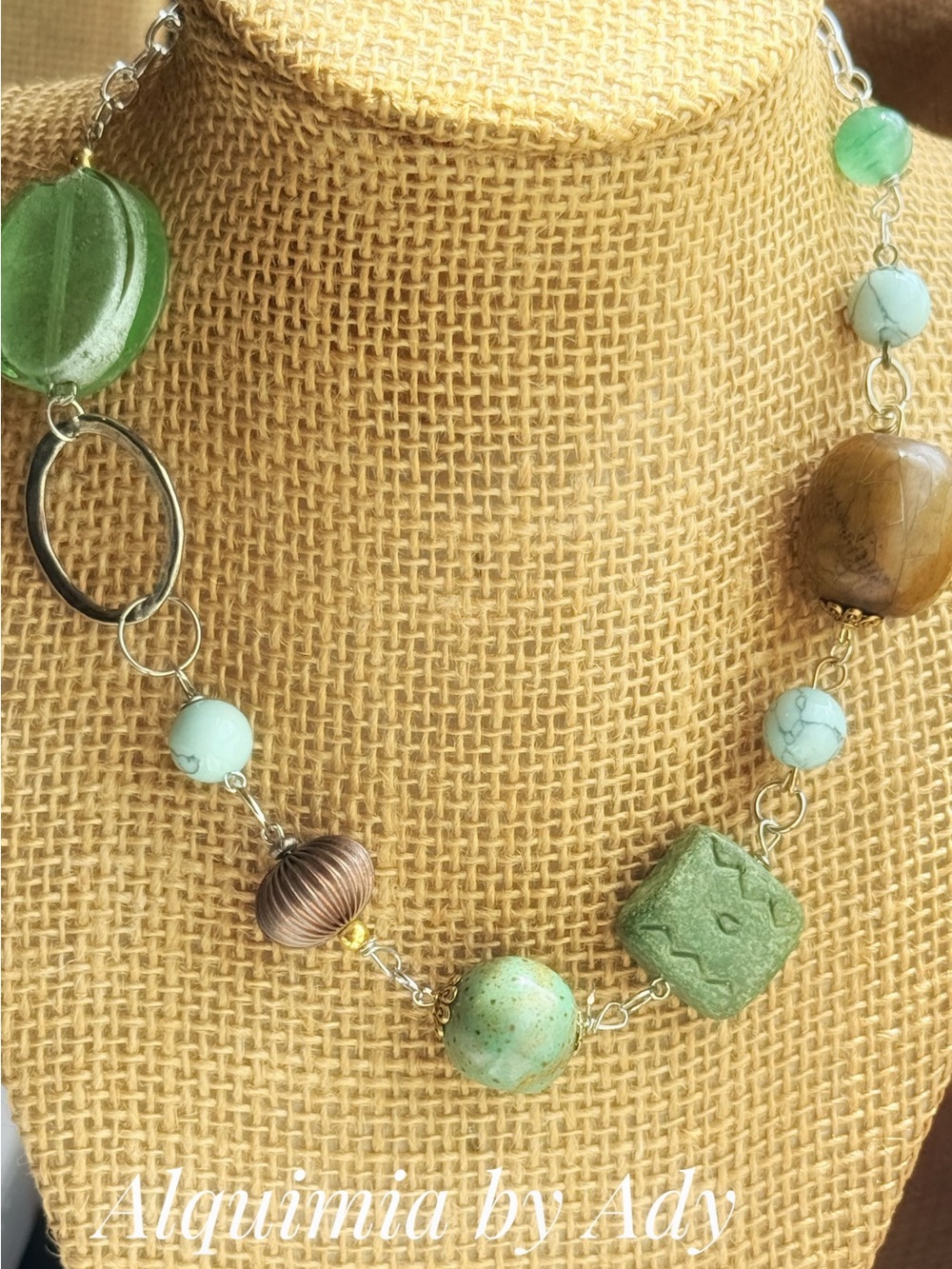 Turquoise silver and glass chunky choker necklace